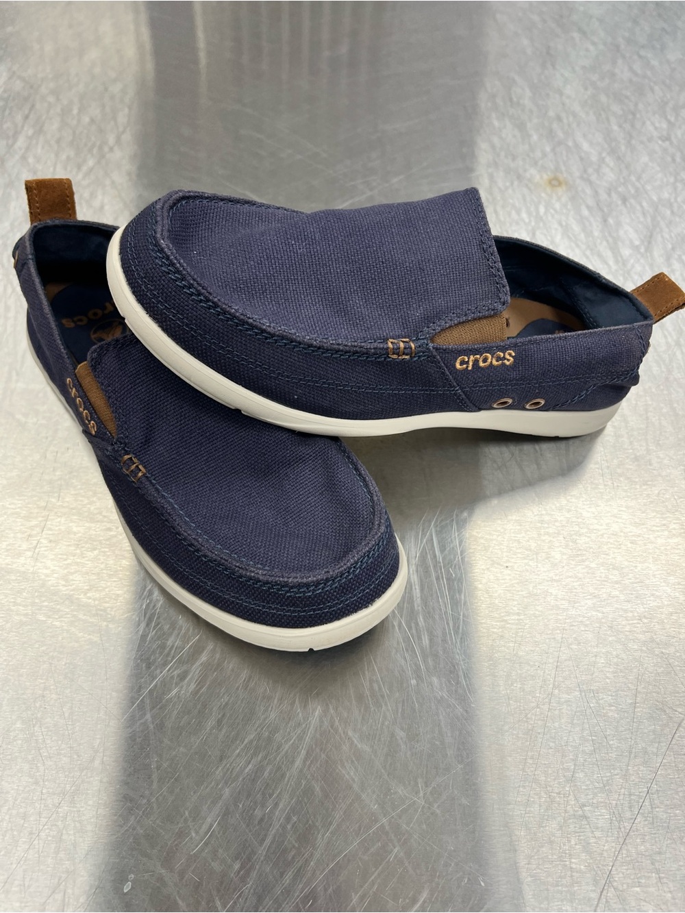 CROCS Navy Canvas Slip-On Loafers with Brown Accents Men’s 8